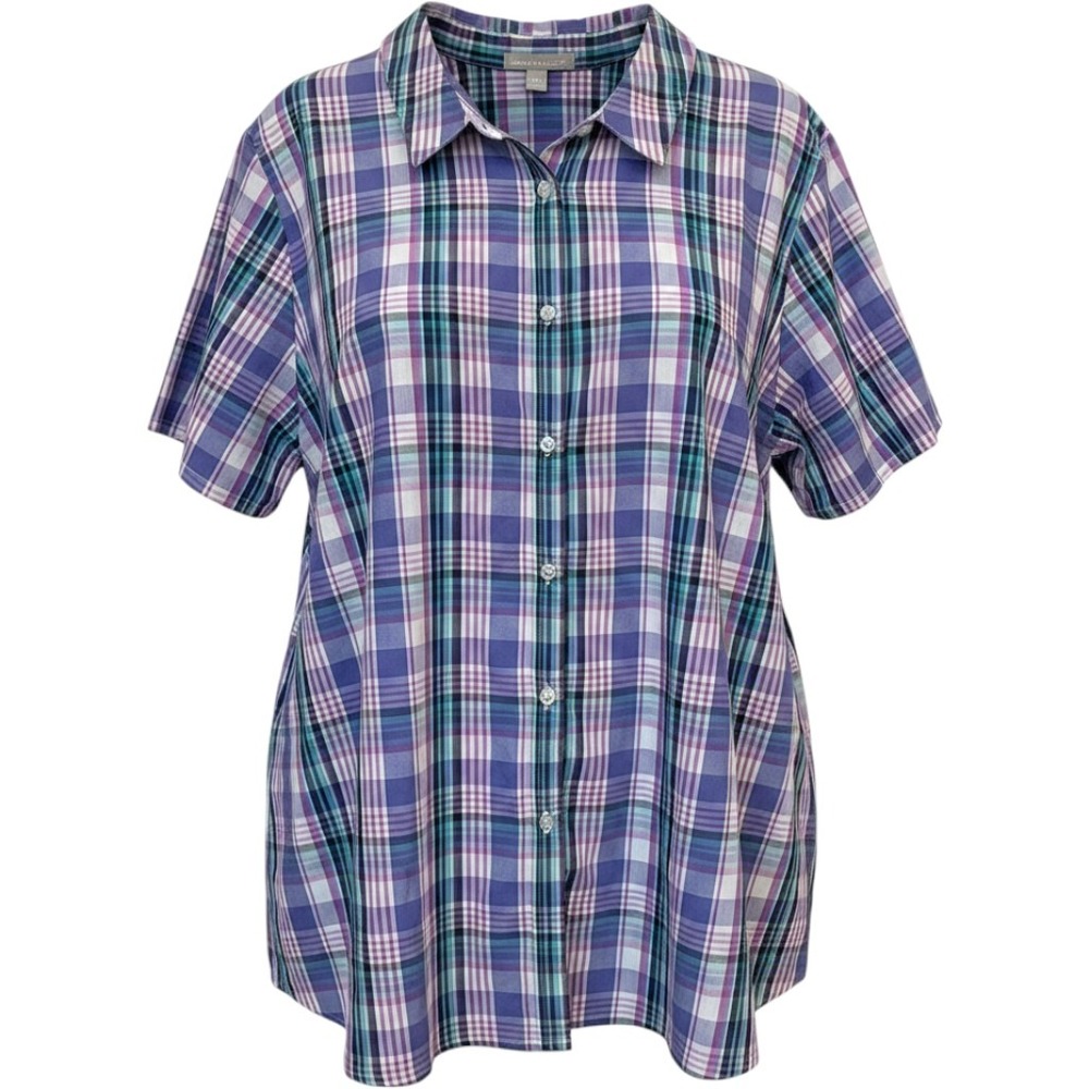 Womens Petite 4X Plaid Button Front Shirt Purple Teal Cotton Blend Bright Pastel